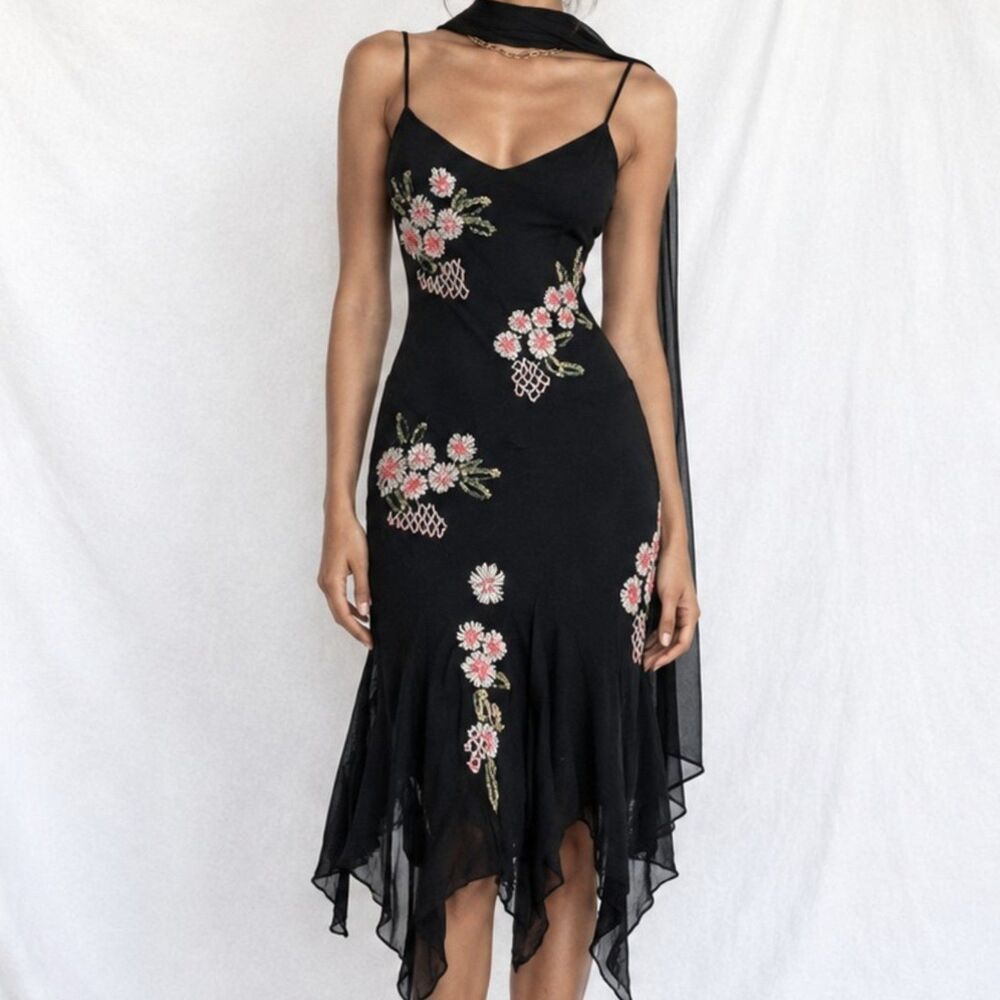 Vintage Black Silk Floral Beaded Embroidered Ruffle Midi Formal Cocktail Dress S